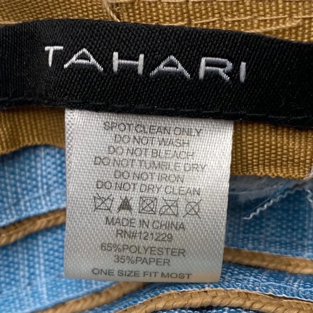 Tahari Womens Wide Brim Floppy Sun Hat Blue Tan Striped Bow‎ Detail Costal Chic